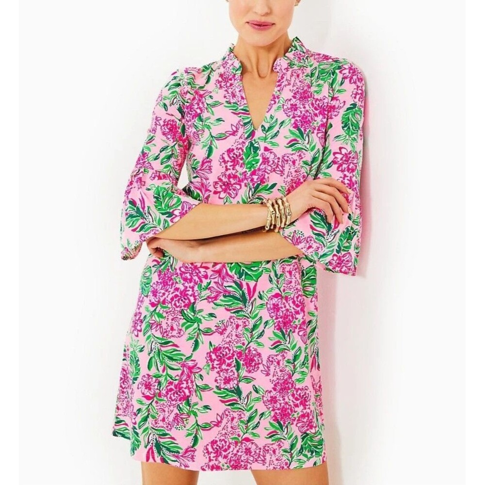 Lilly Pulitzer Hayes Conch Shell Ruffle Mini Dress Floral Print Cotton L 291032